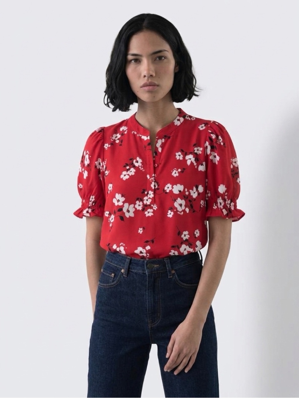 Karl Lagerfeld Red Floral Puff-Sleeve Blouse